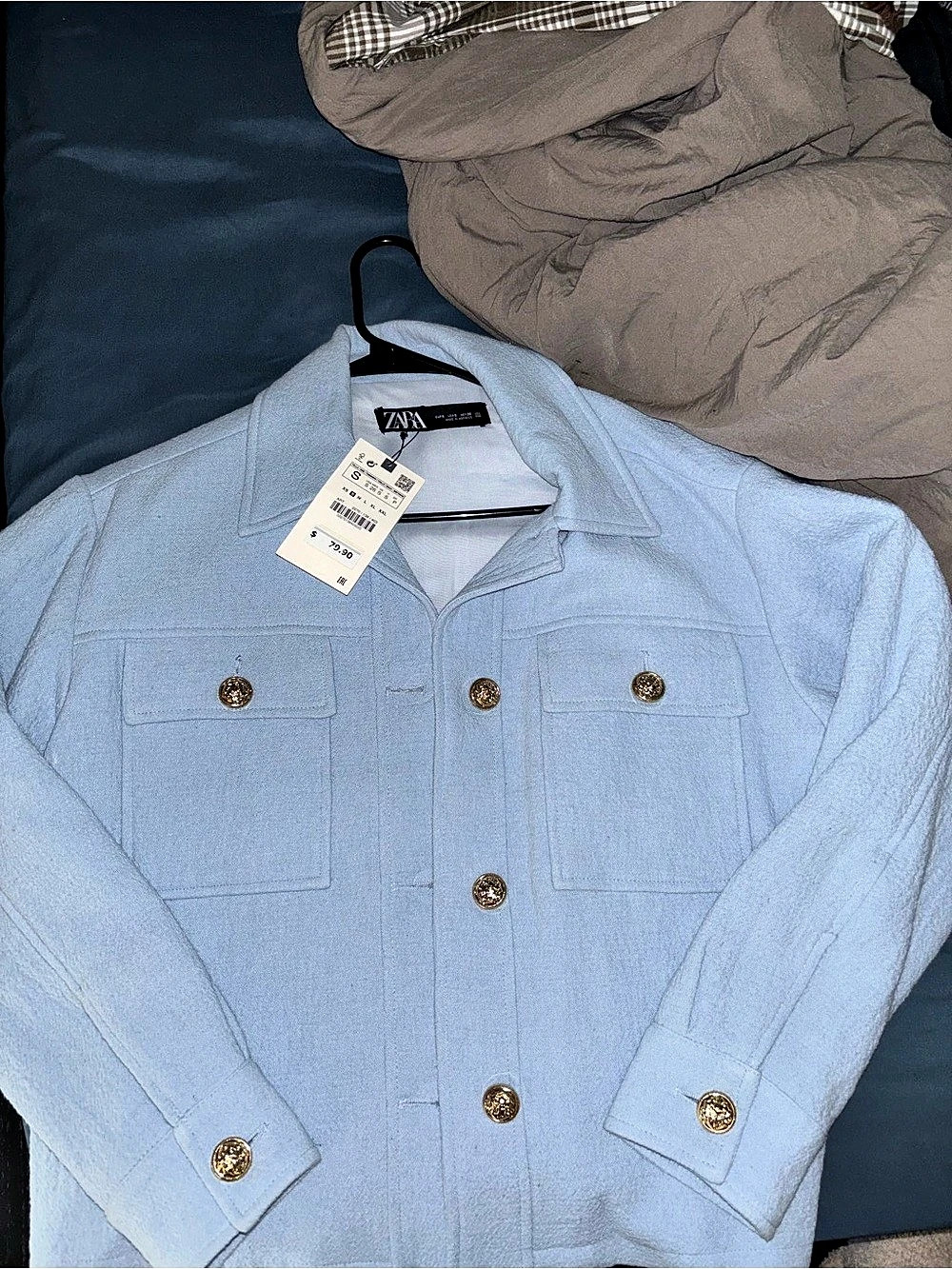 Zara Textured Button-Front Jacket in Blue NWT